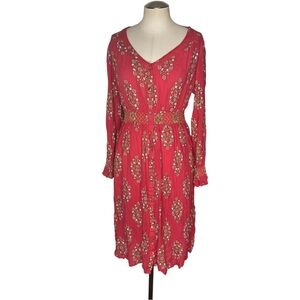 Jovie Red Embroidered Boho Dress Long Sleeve V Neck Midi Size M